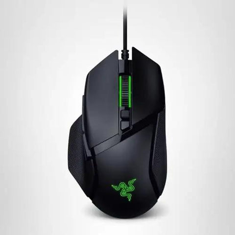 Basilisk V3 35K Wired Ergonomic Gaming Mouse With HyperScroll Tilt Wheel, showing green Chroma RGB Lighting and Speedflex Cable