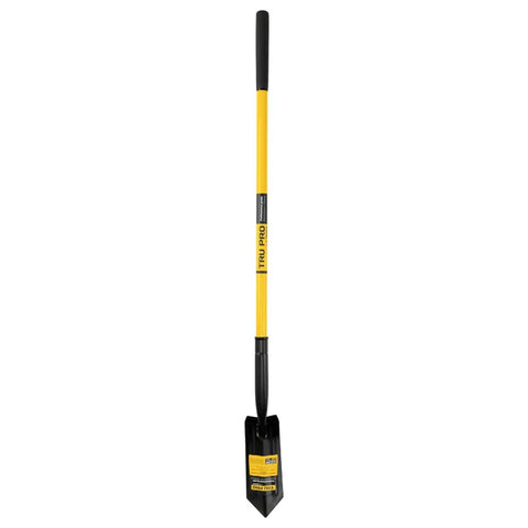 TruPro California Trenching Shovel with 4 inch 13 gauge steel blade, 48 inch fiberglass handle, non-slip cushion grip, V angled head shown vertically