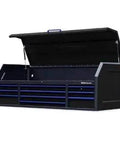 Massive 72 by 30 Inch 10 Drawer Top Shelf Tool Chest Featuring Extra Deep Drawers and Serrated Sides for Ultimate Garage Organization, opened view.