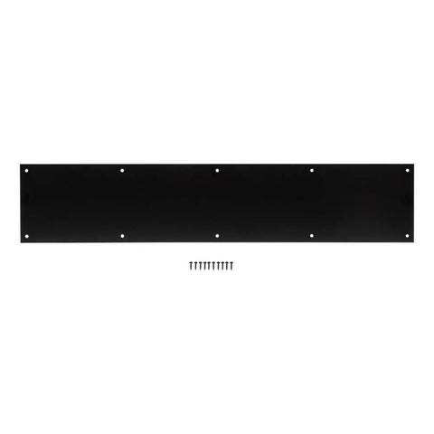 Heavy Duty Aluminum Door Kick Plate 8 Inch By 34 Inch Matte Black Finish Surface Mount Protective Guard For Exterior And Interior Doors Scratch Dent Resistant shown with screws