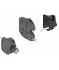 Top Shelf Black Lokk-Latch Series 2 Gate Lock With External Push Button For Round Post parts showing latch mechanism and key cylinder.