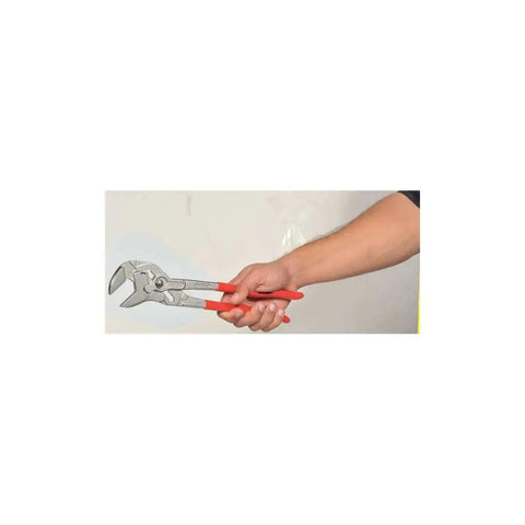 Hand holding Do It All Pliers Wrench Chrome Finish with Smooth Jaws Replaces Metric and Imperial Spanners Zero Backlash