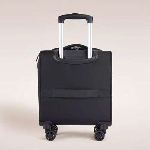 Front view of Verage black softside underseat carry-on luggage with four spinner wheels and extendable handle.