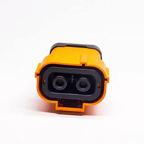 Top Shelf Heavy Duty HVIL Male Plug Built Tough IP67 Waterproof Touch Proof Safety Connector For Electric Vehicle Battery System Real Deal Two Pin 150A Max Current Industrial Grade Component, front view.