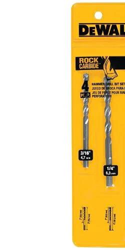 DEWALT 4-piece masonry drill bit set (DW5204) in yellow packaging; carbide-tipped bits visible (3/16 in, 1/4 in).