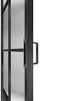 Side view of 30 Inch By 84 Inch Frosted Glass Barn Door With Black Steel Frame And Three Quarter Lite Panels Ships Fully Preassembled