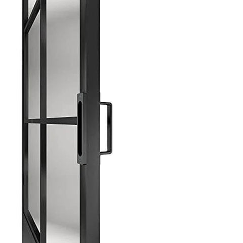 Side view of 30 Inch By 84 Inch Frosted Glass Barn Door With Black Steel Frame And Three Quarter Lite Panels Ships Fully Preassembled
