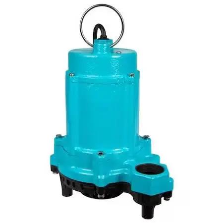 Heavy Duty Submersible Sump Pump With Straight Up Dependable Hella Robust Construction Drop In Ready One Third Horsepower Motor 115 Volt AC, blue cast iron design.