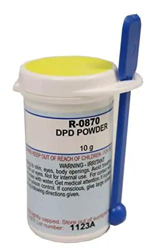 Top Shelf Swimming Pool Test Kit Refill DPD Powder 10 Grams 2 Pack, clear container with yellow lid and measuring scoop.