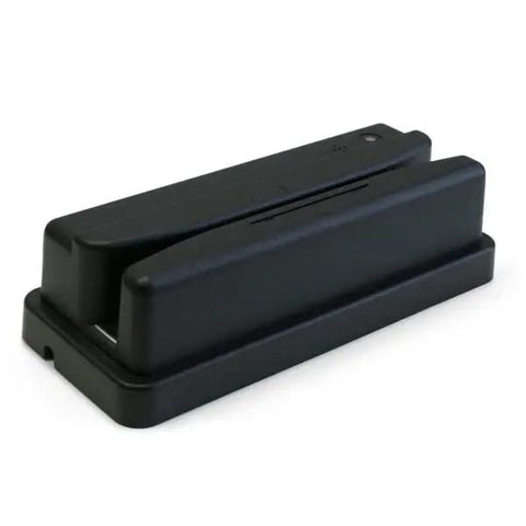 Rugged 1D Barcode Card Reader With IP54 Seal built tough with wide reading slot and flexible angles, shown in black plastic housing.