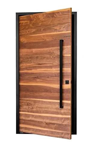 Front view of Black Stainless Steel 72 Inch Flat Bar Door Pull Dope Modern Square Rectangle Handle on wooden door