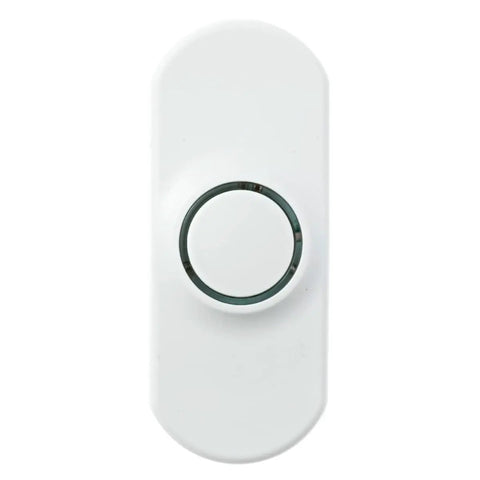 White wireless doorbell button from Plug In Wireless Doorbell Kit With 4000 Feet Of Range And A Loud Flashing Strobe For Home Or Small Biz Easy Install And Hearing Impaired Friendly In Noisy Spots With 433 MHz Signal That Penetrates Walls.