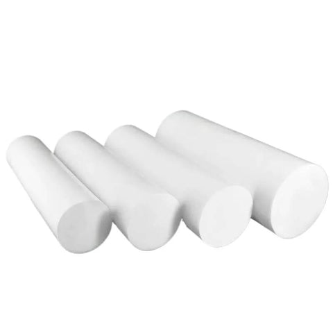 White PTFE Round Rod, 500mm Length, F4 Round Bar, shown in various diameters, solid white plastic rods for precision and industrial use.