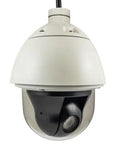 Heavy Duty Metal PTZ Dome Security Camera Running Super Smooth And Snapping Ridiculously Crisp 2MP Full HD Clips, white exterior with black lens.