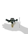 Top Shelf Three Pack Heavy Duty Zinc Impact Sprinkler Heads For Outdoor Yard Watering Featuring Smooth Adjustable Spray Arcs Up To Eighty Feet Wide held in hand for scale, measuring 3.8 inches.