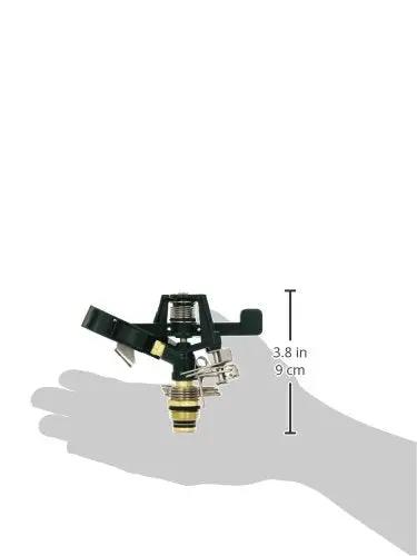 Top Shelf Three Pack Heavy Duty Zinc Impact Sprinkler Heads For Outdoor Yard Watering Featuring Smooth Adjustable Spray Arcs Up To Eighty Feet Wide held in hand for scale, measuring 3.8 inches.