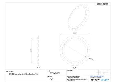 SKF W 26 lockwasher, steel, 130mm bore, 1/8 in thick; front and top blueprint views.