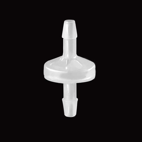 Front view of ANPTGHT plastic one-way check valve with 1/8 in hose barb; translucent white, pack of 3