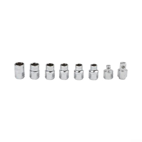 Precision Built 17 Piece Socket Wrench Set With 12 Point Pass Through Design And Chrome Vanadium Steel, displaying 8 chrome sockets.