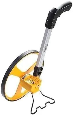 No Nonsense 12 Inch Measuring Wheel With 10000 Foot Range Mechanical Counter Quick Reset Lever Heavy Duty Rolling Stand And Paint Holder Pro Grade Yard Tracker For Serious Outdoor Crews, yellow wheel with sturdy handle.