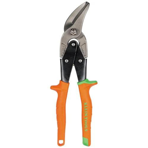 Klein Tools 2401R right-cutting offset aviation tin snips with forged blade, orange handles