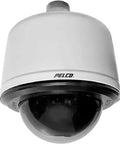 Rugged Environmental Security Camera With Killer 36X Optical Zoom Slick Pendant Housing Smooth Day Night Sensor Pro Level 128X WDR BNC Output And Smoke Bubble Cover For Clean Installations, top view.