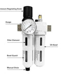 Front view of Shop-Ready Pro Grade One-Half Inch NPT Air Compressor Filter Separator With Gauge, Five Micron Element, Semi Auto Drain