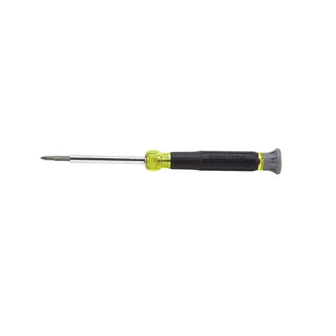Side view of 4-In-1 Electronics Screwdriver Set with Non-Magnetic Tips, includes 2 slotted and 2 Phillips bits, chrome-plated barrel.