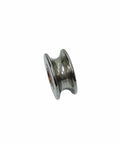 Single stainless steel component of Beefy Marine 1 Inch Wire Pulley With Brass Bushing And One Quarter Inch Rope set.