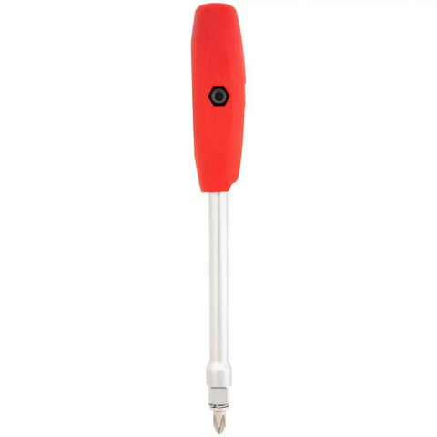 Red handle of Foldable T Handle Tool Kit With 19 Pieces Driver Set For Powersport Includes Metric Sockets 8mm 10mm Phillips bit visible.