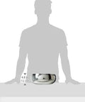 Heavy Duty Double Wall Insulated Stainless Steel Serving Bowl With Hella Sharp Hammered Finish Keeps Food Hot Or Cold 11 5 Inch shown next to person for size reference.