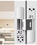 Adjustable 180 Degree Invisible Cross Hinge For Folding Doors Zero Gap Hidden Mechanism in silver finish for modern interiors.