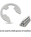 120Pcs 10 Size 304 Stainless Steel E Clip Assortment Kit With External Retaining Snap Rings Circlips For 1.5 To 10 Mm In Durable Plastic Storage Box Pro Grade Shop Must Have shown with shaft groove application