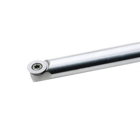 Close-up of a Ten Pack 16mm Round Carbide Insert for Woodturning Lathe Finisher Tools with a countersunk hole on a lathe tool.