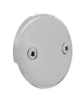 Polished chrome faceplate of No Sweat Setup Twist Close Bath Waste And Overflow Kit with screw holes.