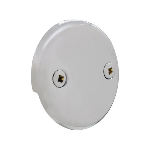 Polished chrome faceplate of No Sweat Setup Twist Close Bath Waste And Overflow Kit with screw holes.