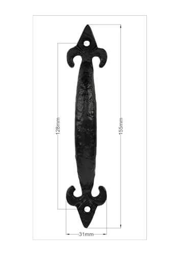 Trishul Iron Pull Handles 6 Inch, black antique powder coated, shown with dimensions, ideal for kitchen cabinets and barn doors.