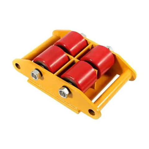 Beefed Up Heavy Duty Machinery Skate Dolly 13200 Lbs Capacity Industrial Mover For Smooth Equipment Transport And Relocation In Warehouses And Factories Built For Heavy Gear Handling And Quick Maneuverability, yellow steel base with four red PU wheels