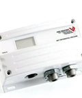 Veris differential pressure transducer, white enclosure with display and two metal fittings, front view
