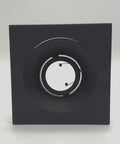 4" Low Voltage recessed Lighting Satin Stepped Baffle Black Trim view from front, square design with circular socket opening.