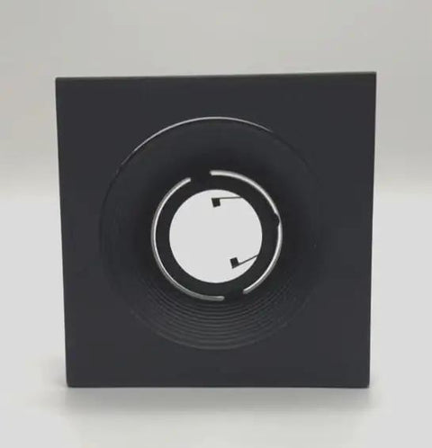 4" Low Voltage recessed Lighting Satin Stepped Baffle Black Trim view from front, square design with circular socket opening.