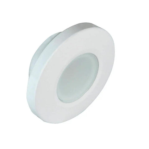 Orbit White Flush Mount Down Dimmable Light With Blue Accent Ultra Slim Weatherproof Boat Cabin Ceiling Fixture side view