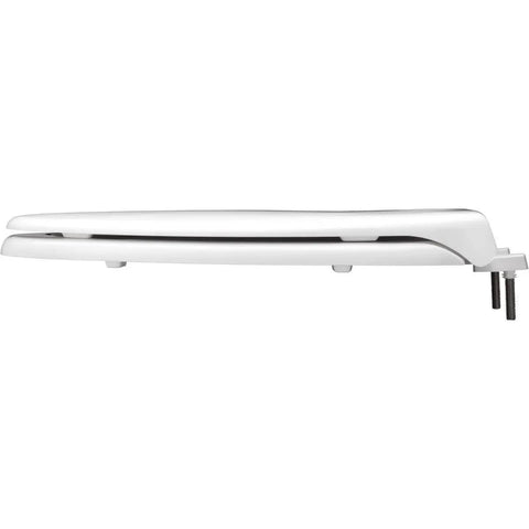 Commercial‑Grade Elongated Closed‑Front Plastic Toilet Seat With Cover, White, side view showing fastening hardware.