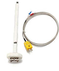 Front view: K-type kiln thermocouple probe with ceramic insulator, braided stainless steel sheath, yellow 3-pin connector
