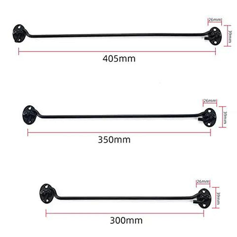 WUUWCHODC Snap Latch Hook for Gate Cabin Shed Heavy Duty Push Button in three sizes: 300mm, 350mm, and 405mm, black metal finish.