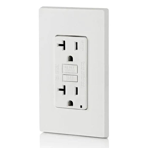 Killer Slim GFCI Weather And Tamper Resistant Outlet 20 Amp white receptacle with safety features for outdoor use.