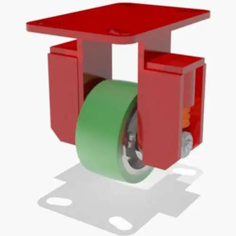 Four Inch Spring Loaded Rigid Caster Featuring Polyurethane Wheels Mounted On Cast Iron Cores Paired With Sealed Precision Ball Bearings side view with red frame and green wheel.