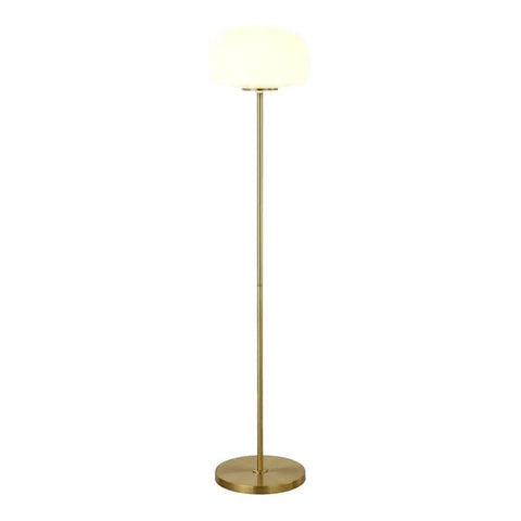 Tall Floor Lamp With Glass Mushroom Shade In Brass And White Milk Glass, Handcrafted Steel Base, 13 inch shade