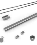 Straight Up Pro Grade 72 Inch Linear Shower Drain Rough In Kit Featuring Hella Durable Stainless Steel Channel Trim And Hassle Free Pvc Plumbing Components For Easy Diy Remodeling parts, including stainless steel track and PVC fittings.