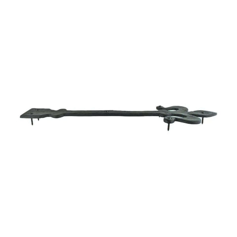 Side view of Fleur De Lis Wrought Iron Dummy Strap Hinge 16 Inch Black Decorative Hardware for doors, cabinets, shutters.